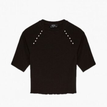 Blusa Canelada Manga Curta com Detalhe Vazado